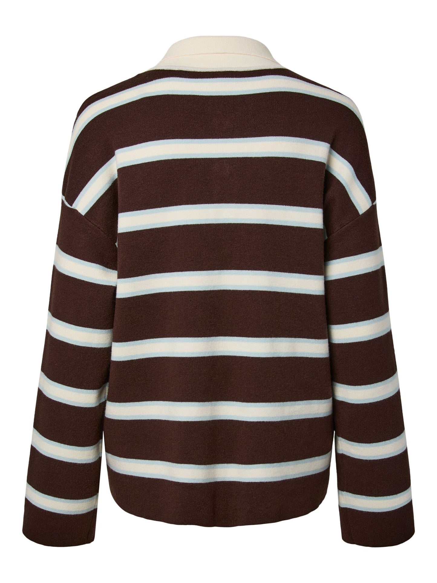 Brown and white striped sweater on a mannequin against a white background