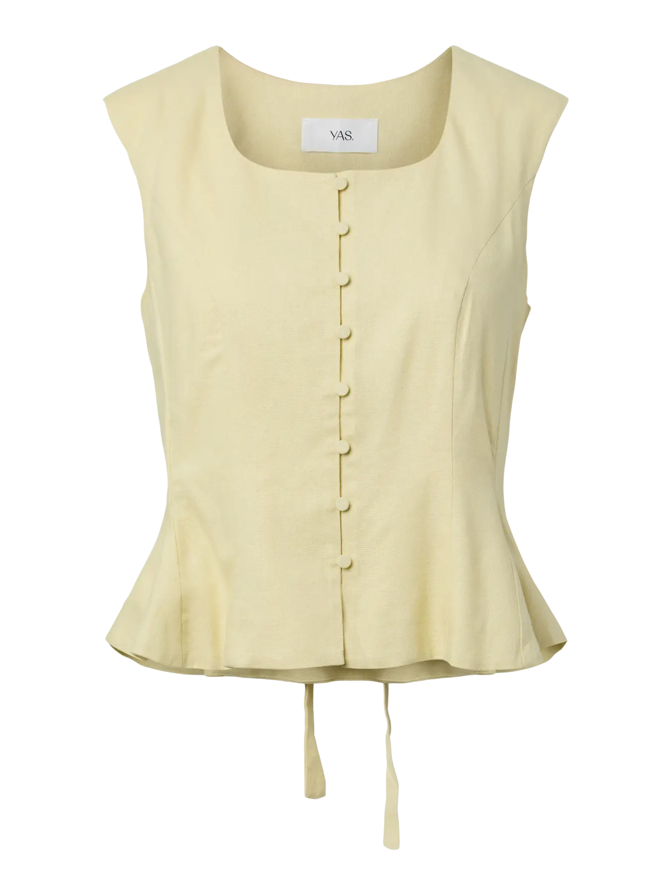 Light yellow sleeveless top with buttons on a white background