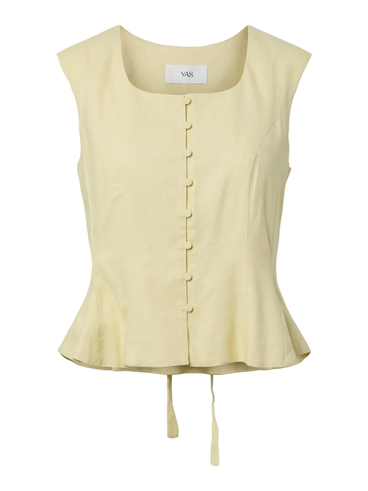 Light yellow sleeveless top with buttons on a white background
