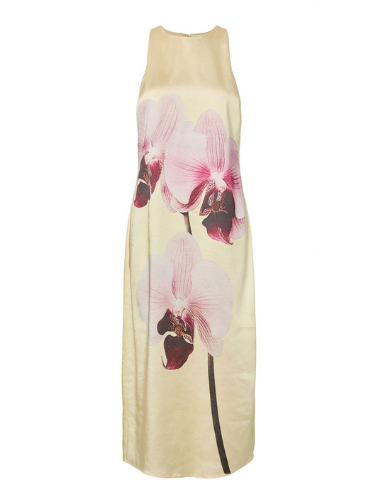 Long dress with pink orchid design on a beige background
