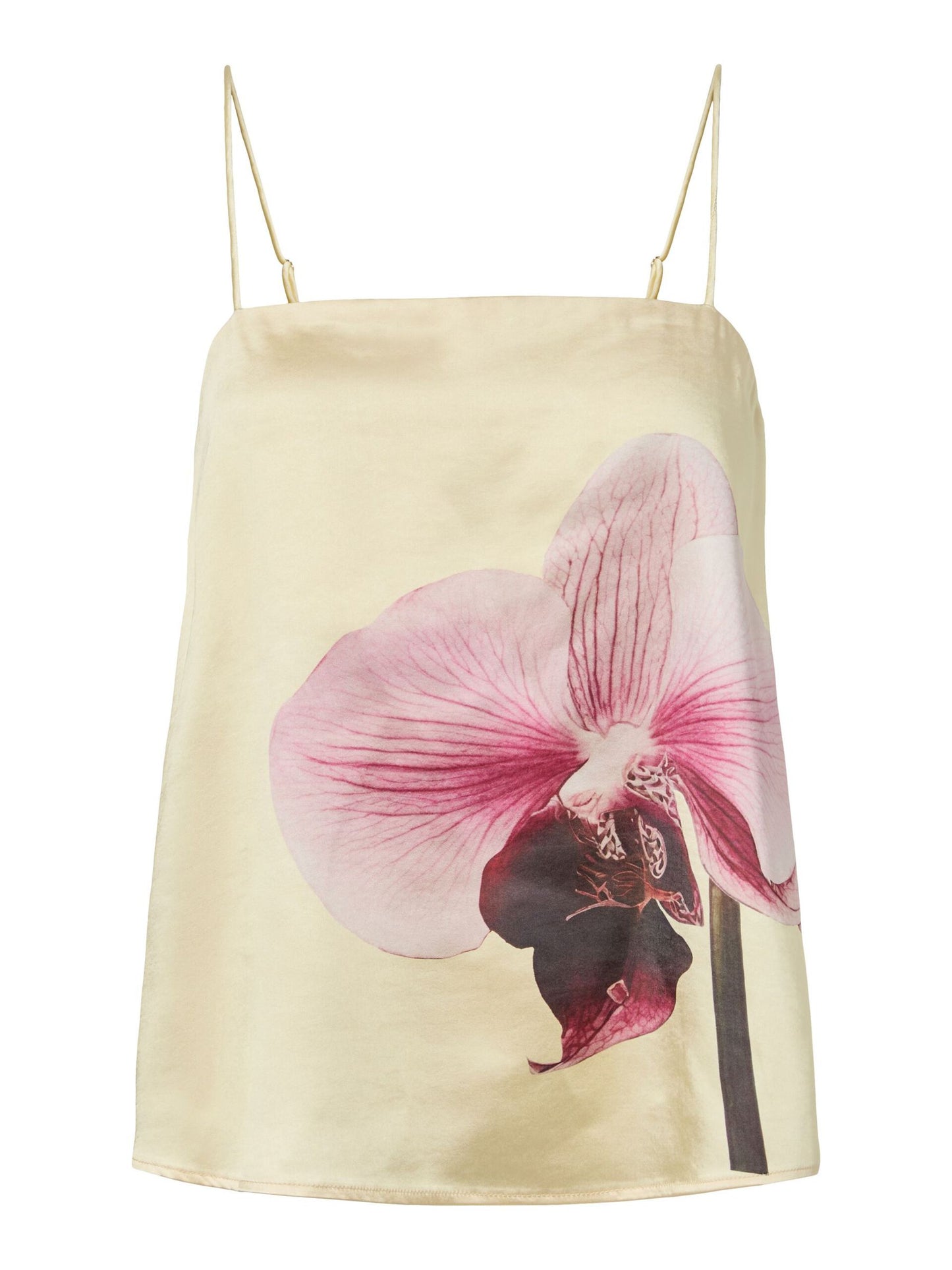 Pale yellow strappy top with pink floral print on a white background