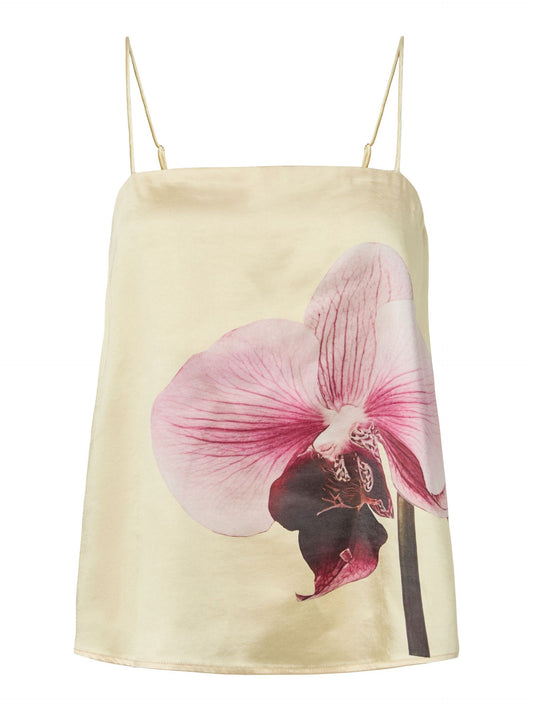 Pale yellow strappy top with pink floral print on a white background