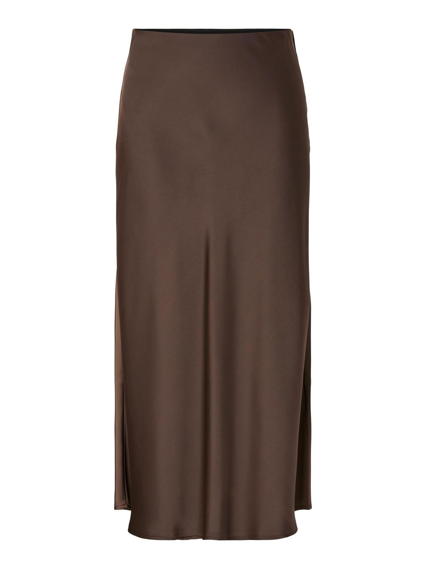 Woman wearing a brown skirt and beige top on a white background