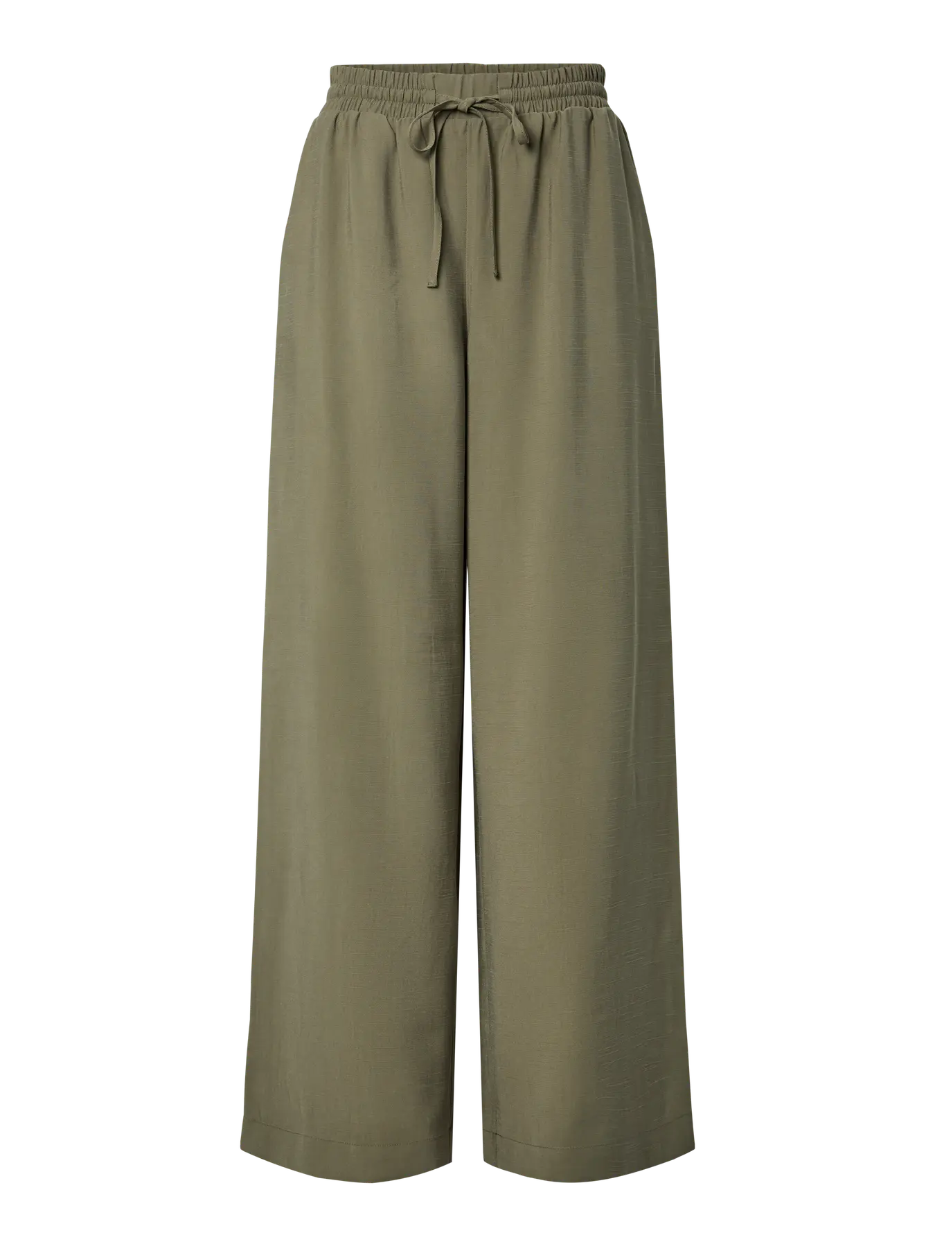 Green wide-leg pants with a drawstring waist on a white background