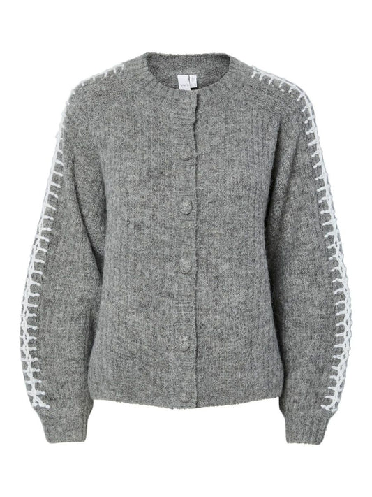 Gray cardigan with white lace sleeves on a white background