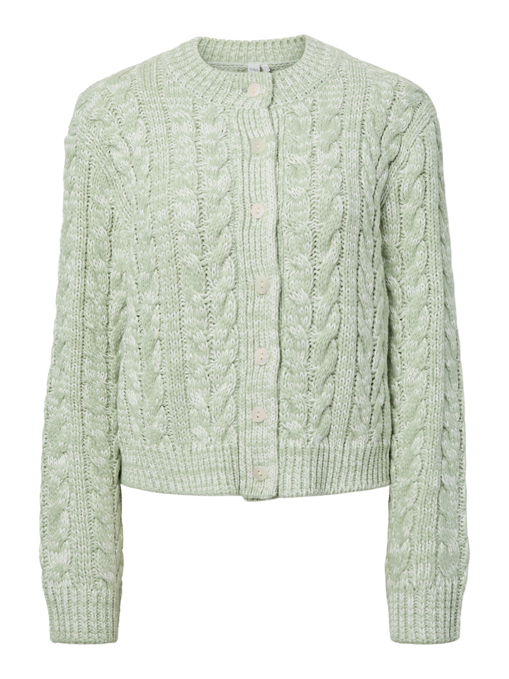 Light green cable knit cardigan on a white background