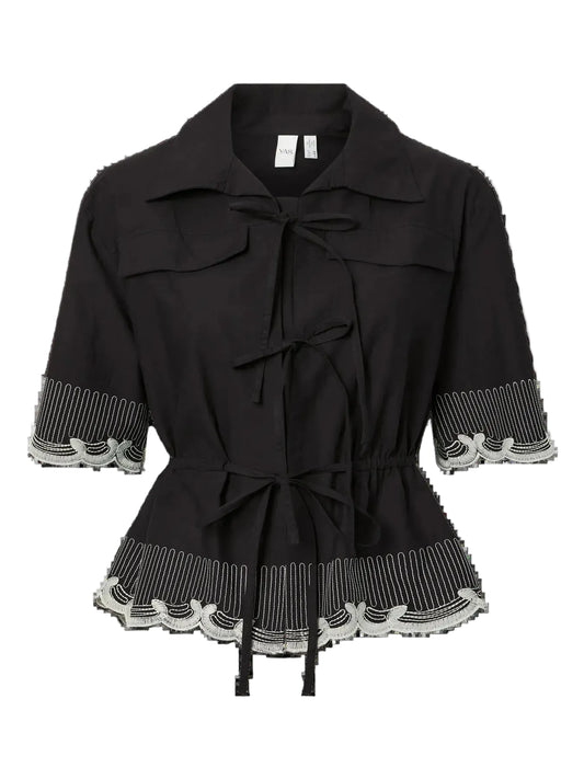 Black jacket with lace details on a white background