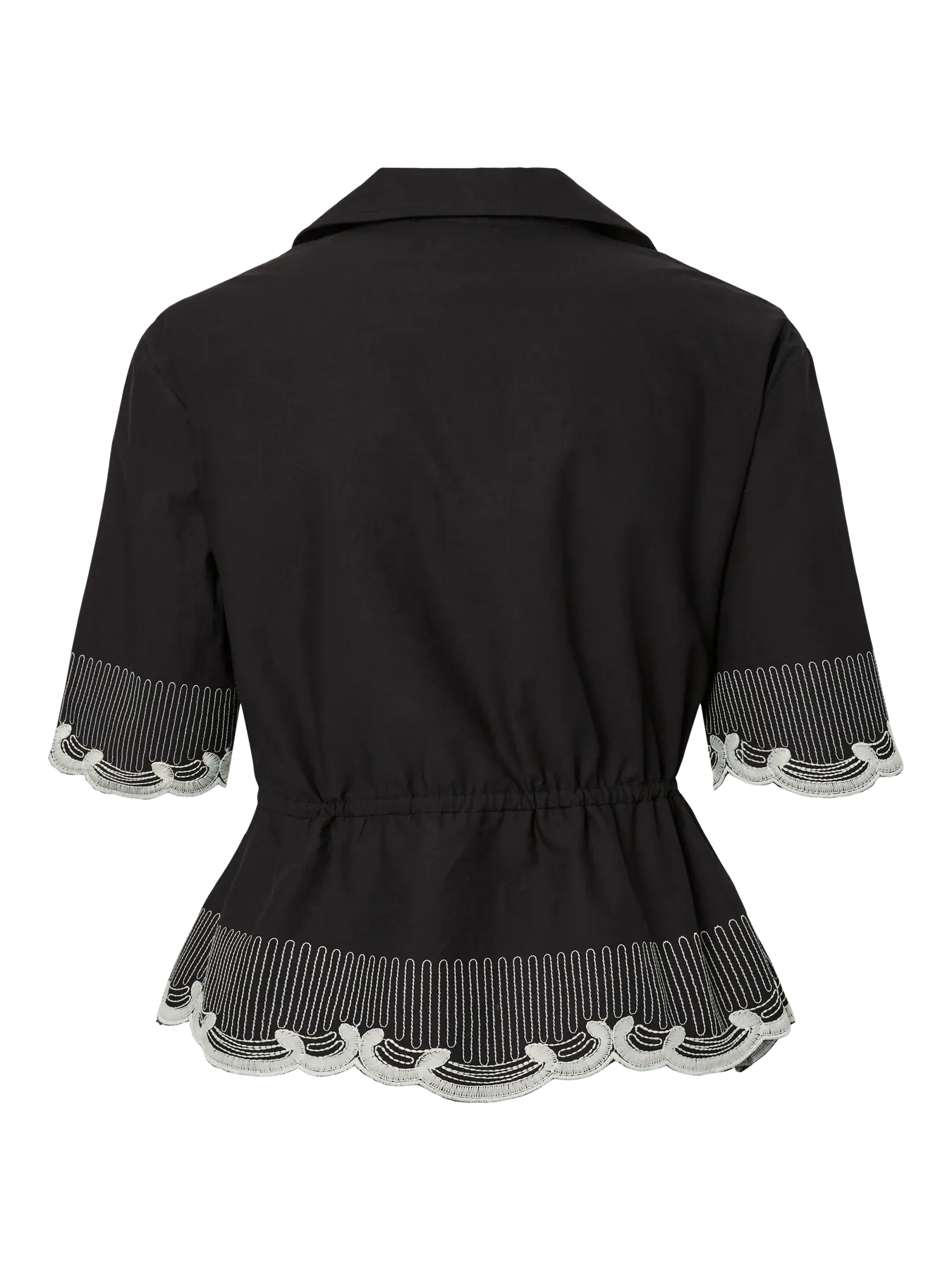 Black jacket with white trim on a white background