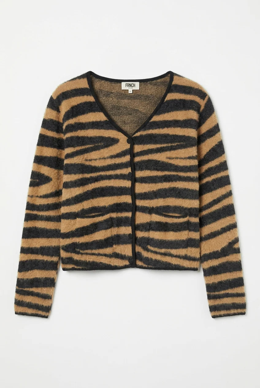 A fuzzy knit cardigan sweater with a brown and black tiger stripe pattern, featuring a V-neck, front button closure, and front pockets, shown against a plain white background.