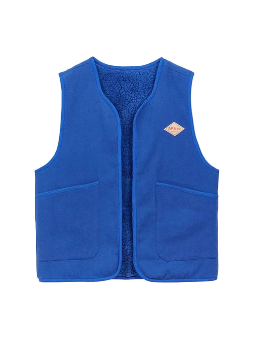 Blue vest with a brand logo on a white background