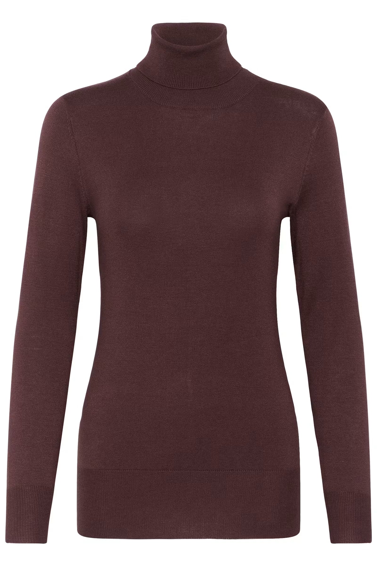 A dark brown ribbed turtleneck sweater with long sleeves, shown on a plain white background.