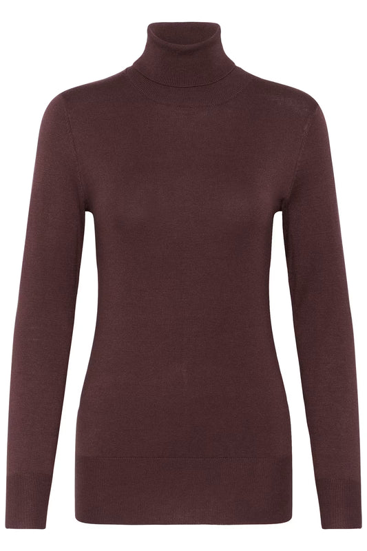 A dark brown ribbed turtleneck sweater with long sleeves, shown on a plain white background.