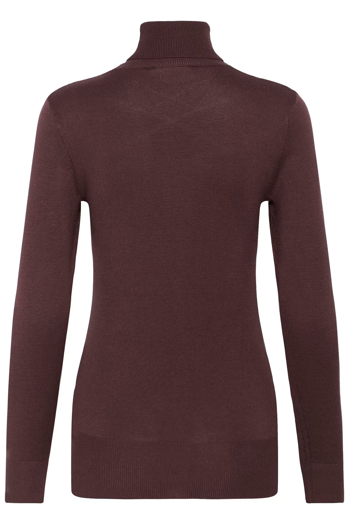 A dark brown ribbed knit turtleneck sweater shown from the back, displayed on a clean white background.