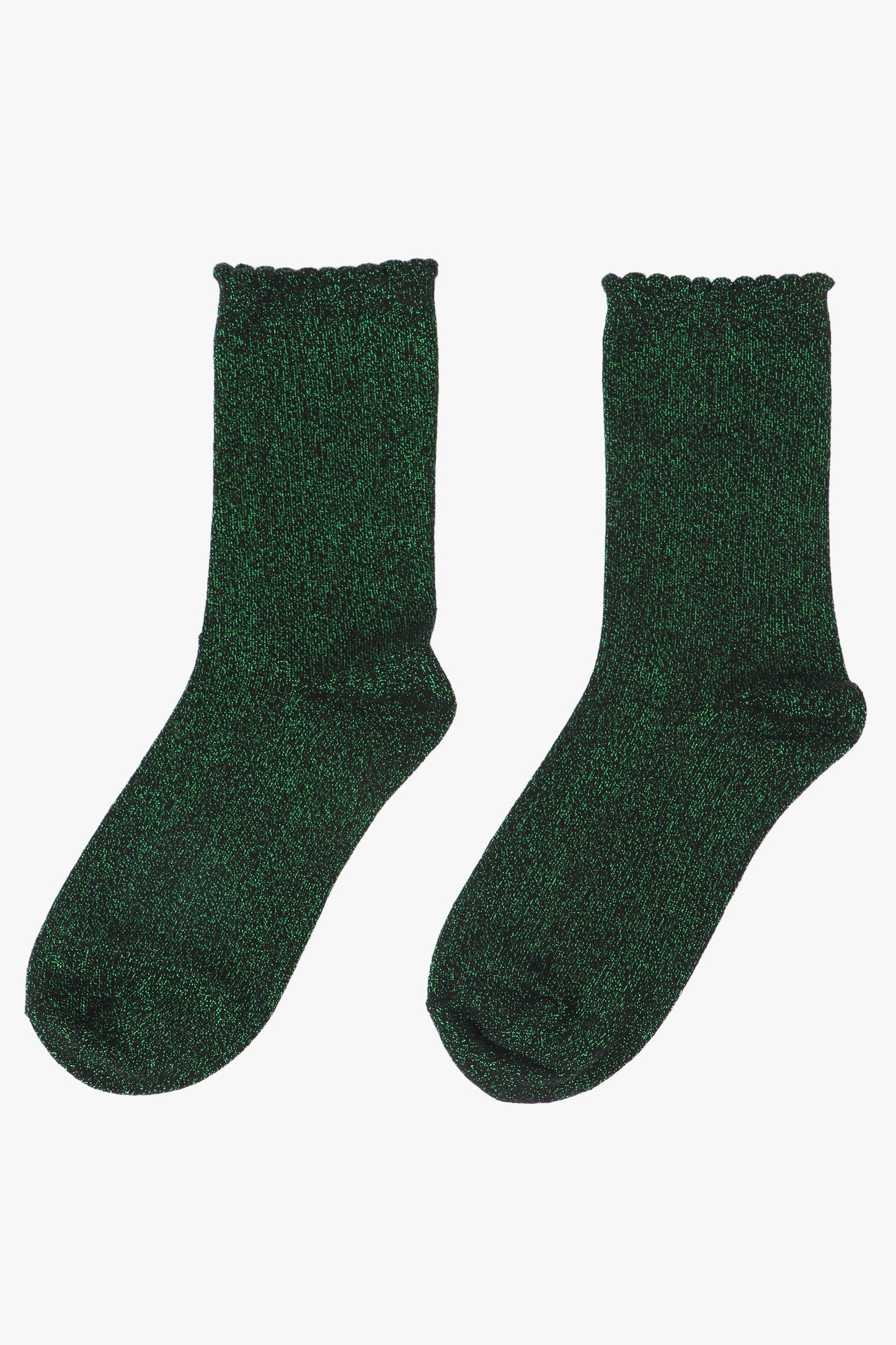 Black Bright Green Glitter Socks with Scalloped Cuff