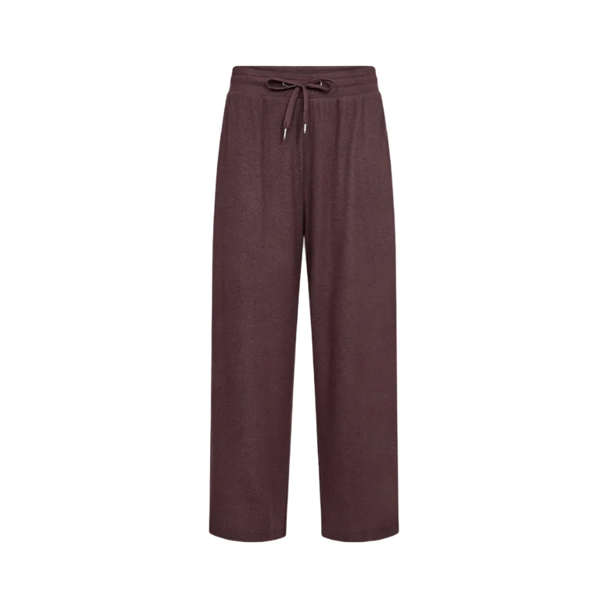 A pair of wide-leg lounge pants in a dark plum or aubergine color, featuring an elastic waistband with a matching drawstring, shown against a plain white background.