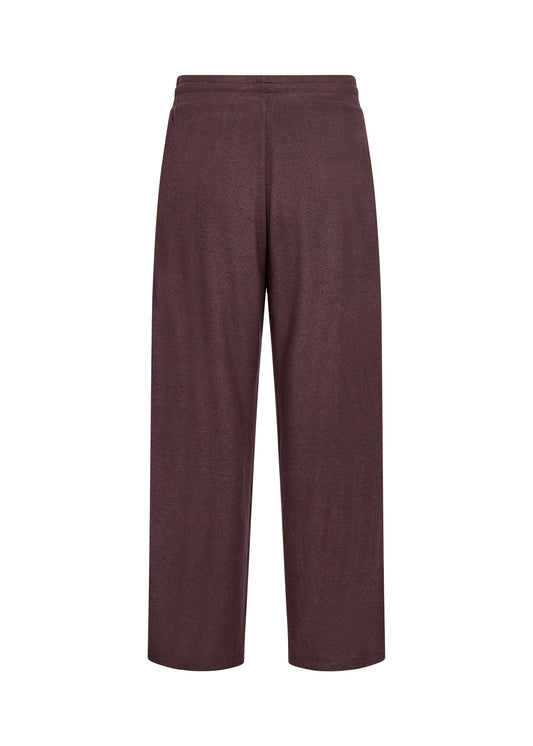 A pair of wide-leg trousers in a heathered dark plum or burgundy-brown fabric, shown flat against a solid white background.
