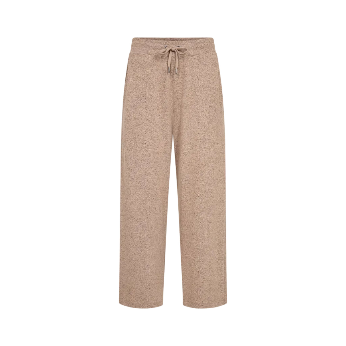 A pair of wide-leg lounge pants in a heathered beige fabric, featuring an elastic waistband and a matching drawstring, shown against a plain white background.
