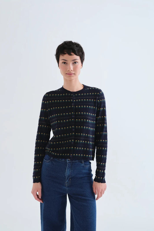 A model wearing a dark navy blue long-sleeve knit top with a fine horizontal pattern of small yellow, green, and white dots, paired with dark blue jeans, against a plain light gray background.