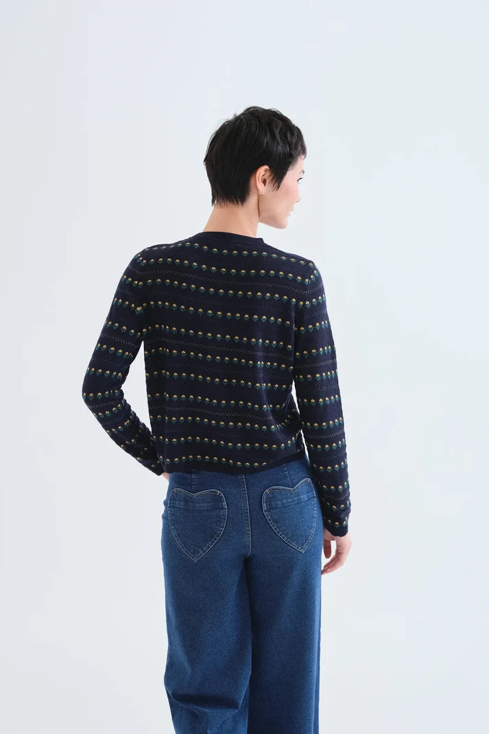 A model shown from the back wearing a dark navy long-sleeve knit sweater with a fine horizontal pattern of small yellow, green, and orange dots, paired with blue jeans, against a plain white studio background.
