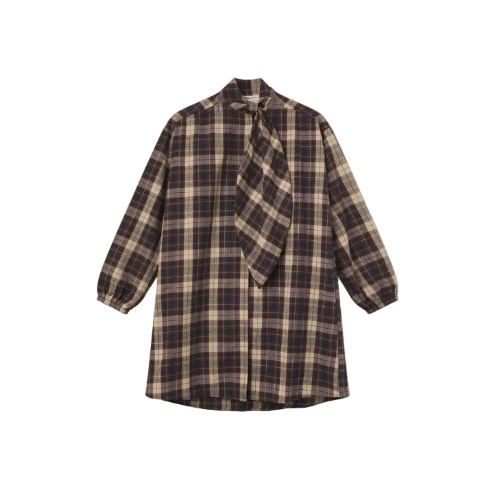 A long-sleeve plaid shirt with a tie-neck detail, featuring a dark brown and beige checkered pattern, laid flat against a light off-white background.