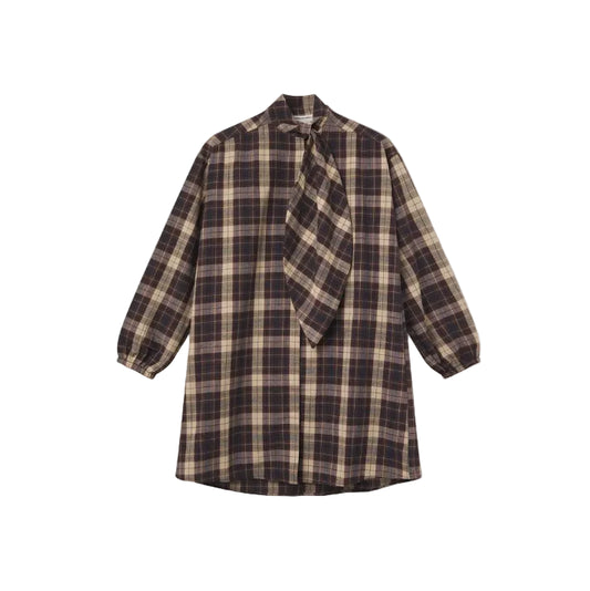 A long-sleeve plaid shirt with a tie-neck detail, featuring a dark brown and beige checkered pattern, laid flat against a light off-white background.