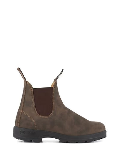 A single brown leather Chelsea boot with a dark brown elastic side panel and a black sole, shown from a side profile on a white background.
