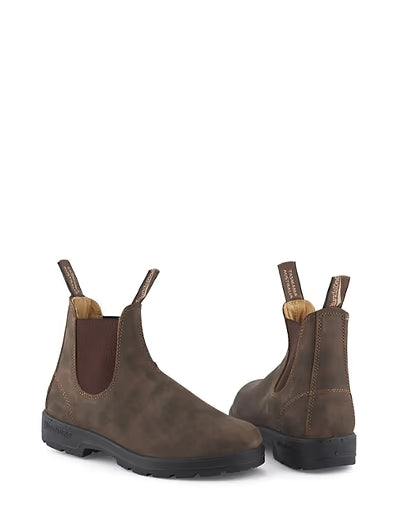 A pair of dark brown suede Chelsea boots shown from the side and back angles on a plain white background.