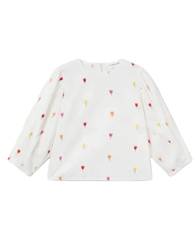White long-sleeve shirt with colorful heart patterns on a white background