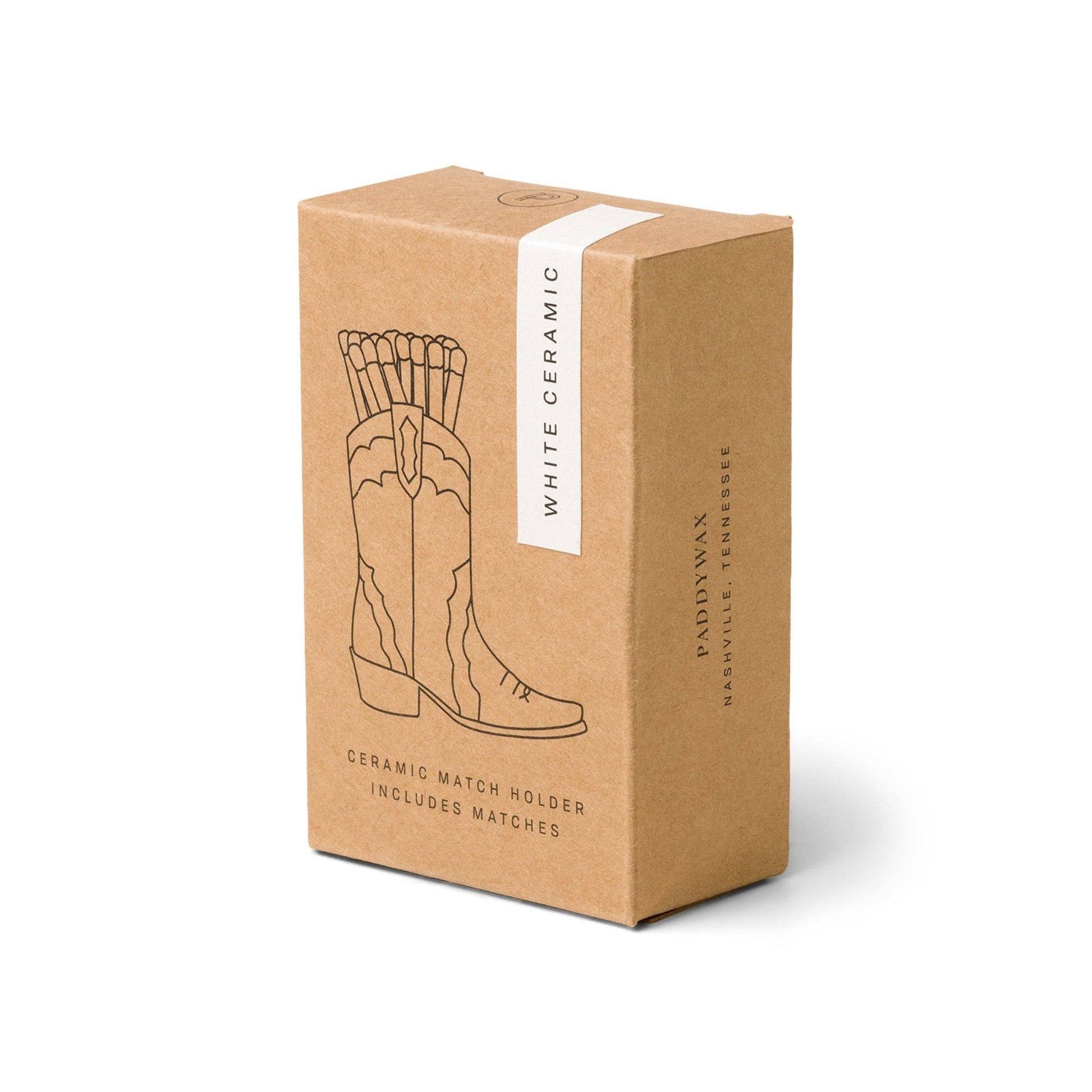 Kraft paper matchbox packaging with a graphic of cowboy boots and text on a white background