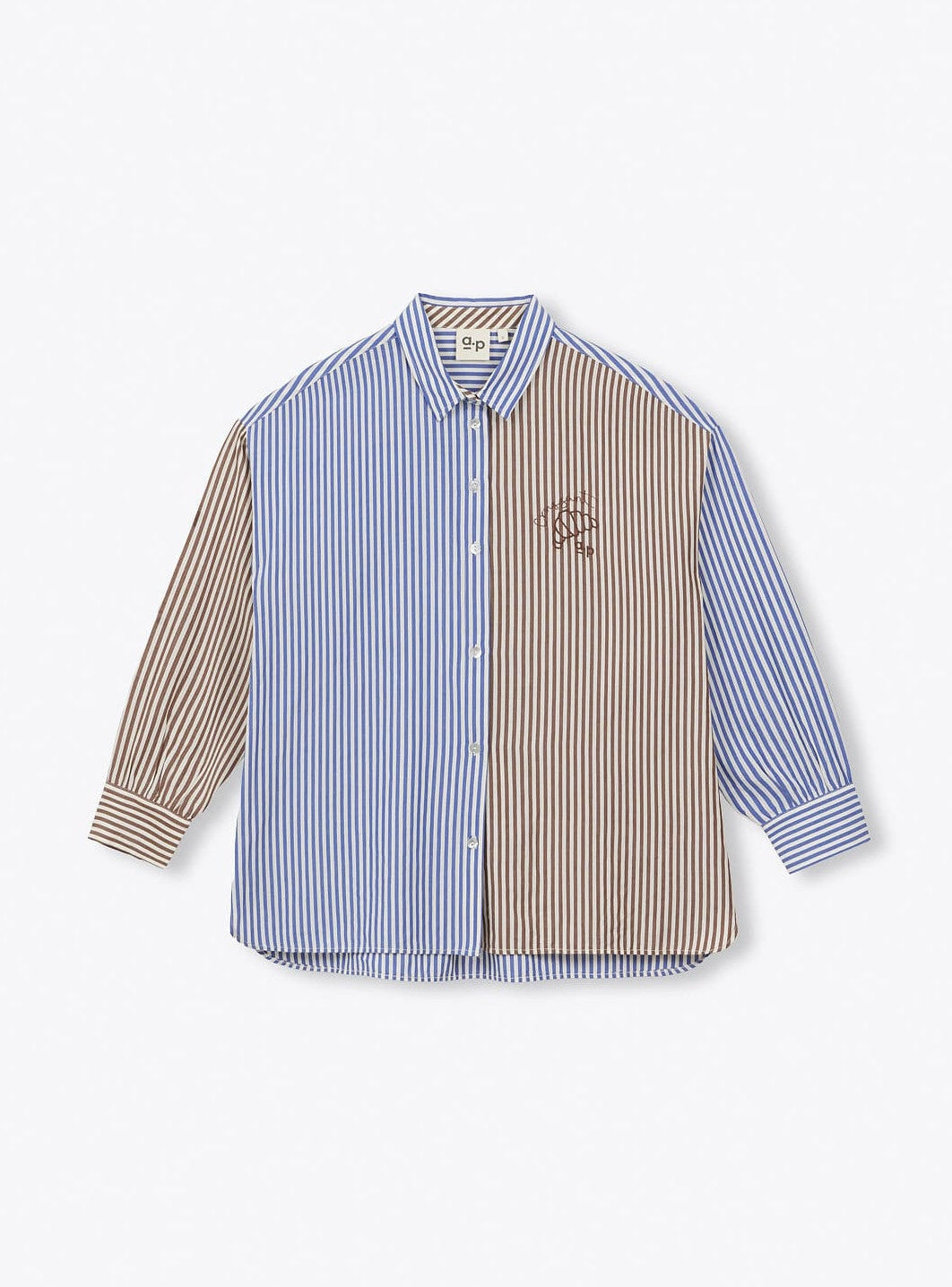 A long-sleeve button-up shirt with a split design: one half features vertical blue and white stripes, and the other half features vertical beige and white stripes, with a small embroidered crest on the beige side.