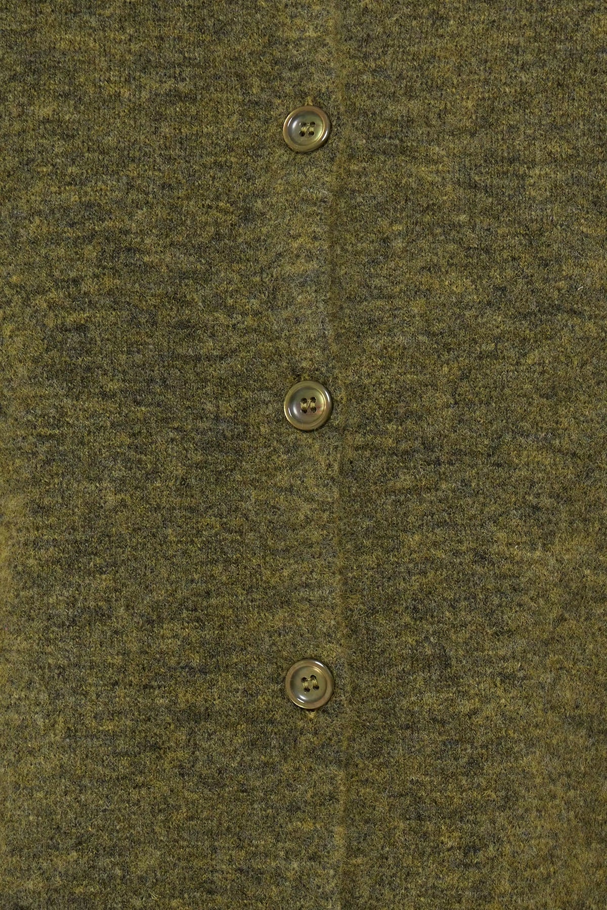 Close-up of a textured knit cardigan or sweater in a heathered olive green color, featuring a vertical button placket with four brown buttons.