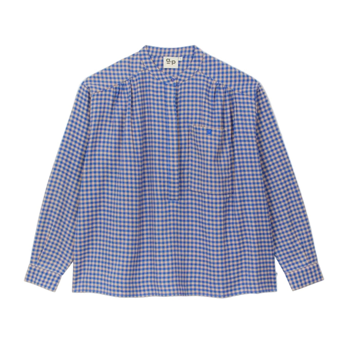 A long-sleeve button-up shirt with a blue and white gingham pattern, featuring a pleated front and a chest pocket, laid flat against a light gray background.