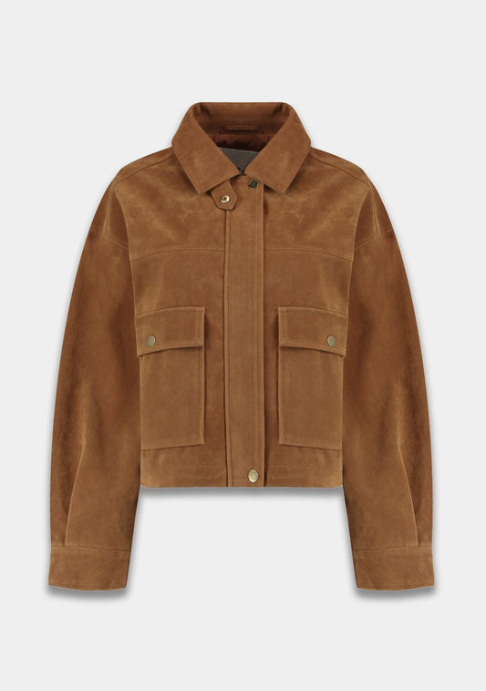 A cropped brown suede jacket with a pointed collar, snap-button front, and two front flap pockets, shown on a light gray background.