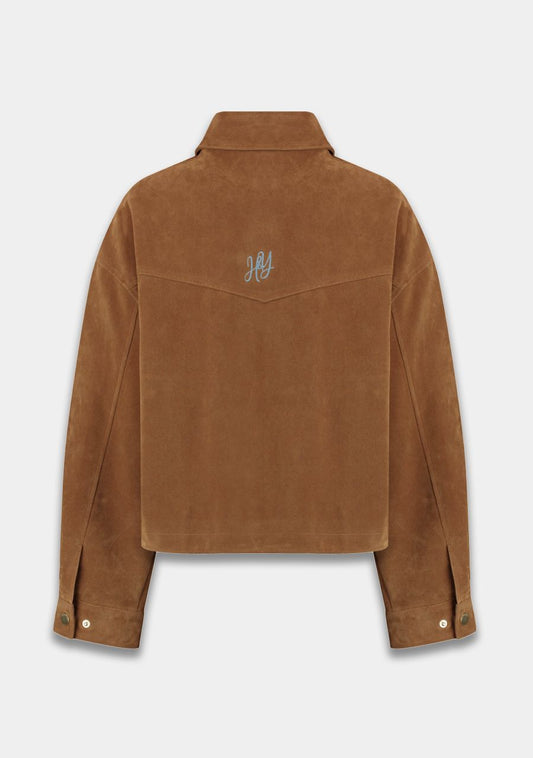 A brown suede jacket shown from the back, featuring a small embroidered logo on the upper back and button details on the cuffs, set against a light gray background.