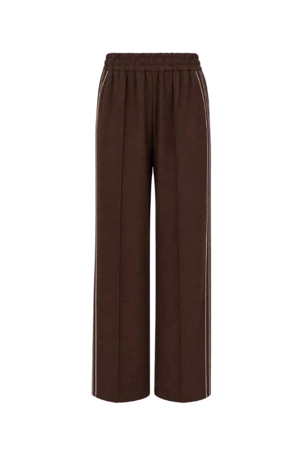 A pair of dark brown wide-leg cropped pants with a matching elastic waistband and thin white contrast stitching running down the outer sides, shown against a plain white background.