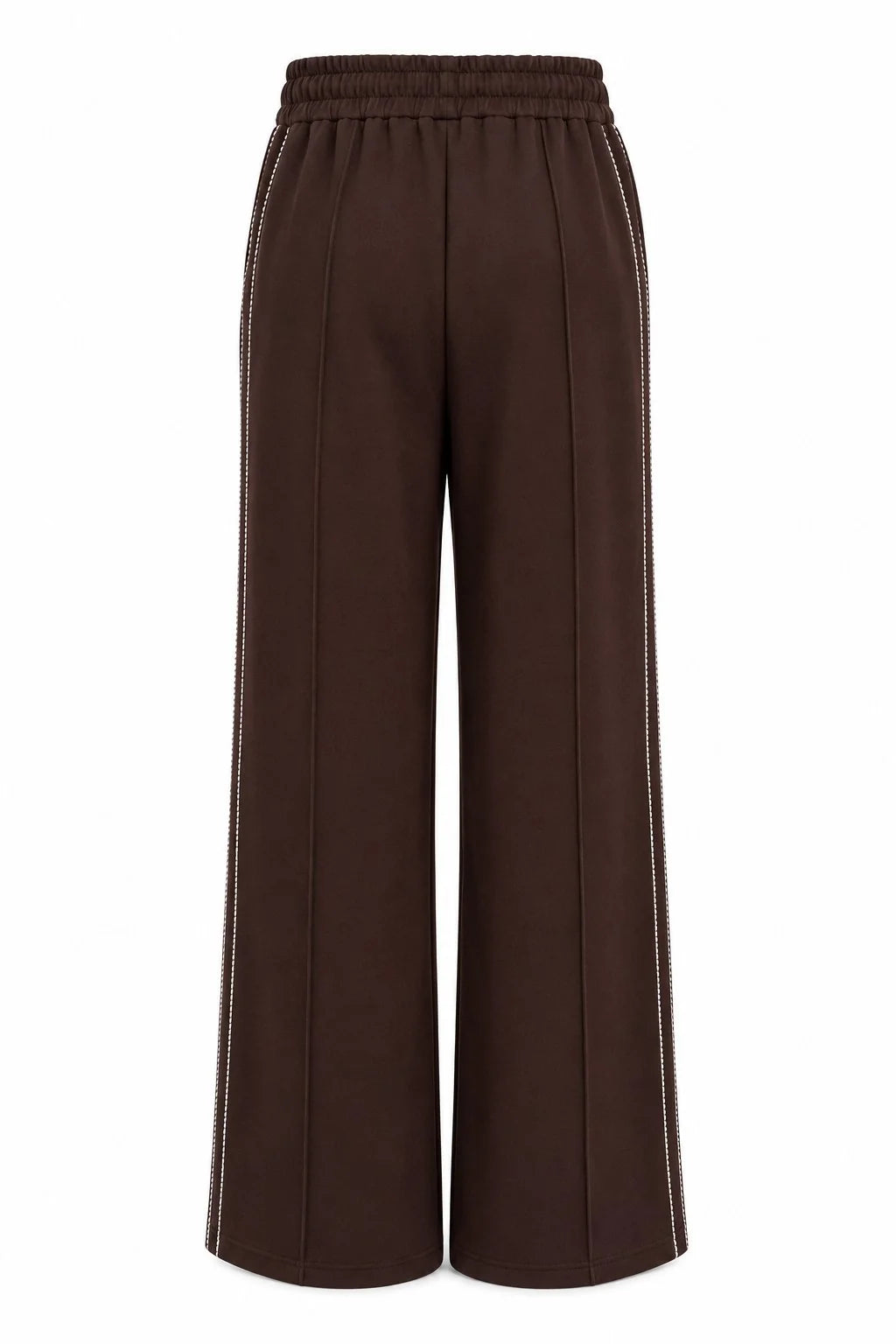 Dark brown wide-leg cropped pants with a matching elastic waistband and contrasting light-colored piping running down the outer sides of the legs, shown against a plain white background.