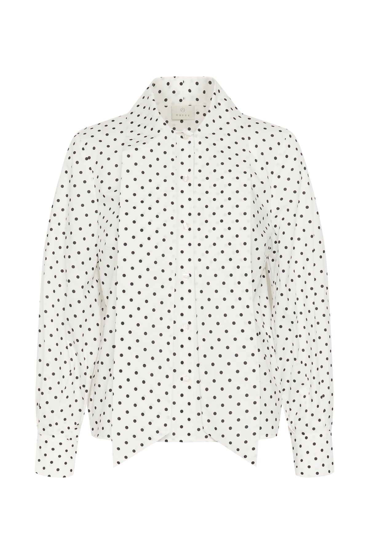 A white long-sleeve blouse with a black polka dot pattern, featuring a high stand-up collar and button-down front, shown against a plain white background.