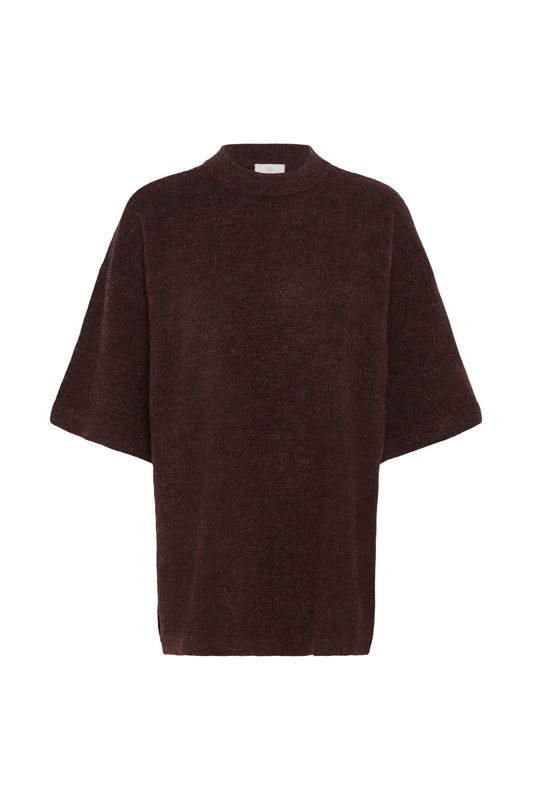 A dark brown short-sleeve knit sweater with a crew neck, displayed against a plain white background.