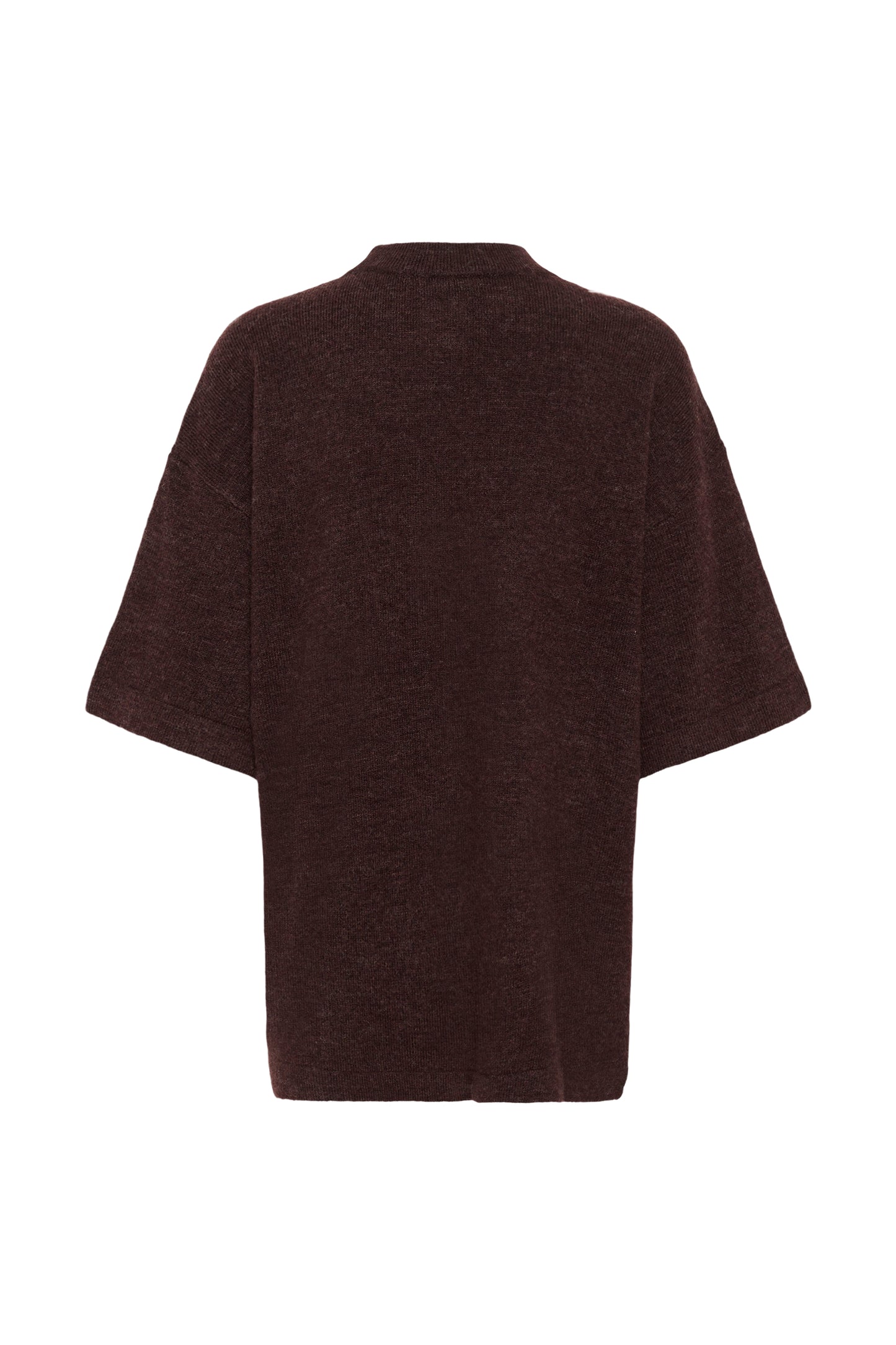 A dark brown textured knit top with wide short sleeves and a crew neck, shown from the back on a plain white background.