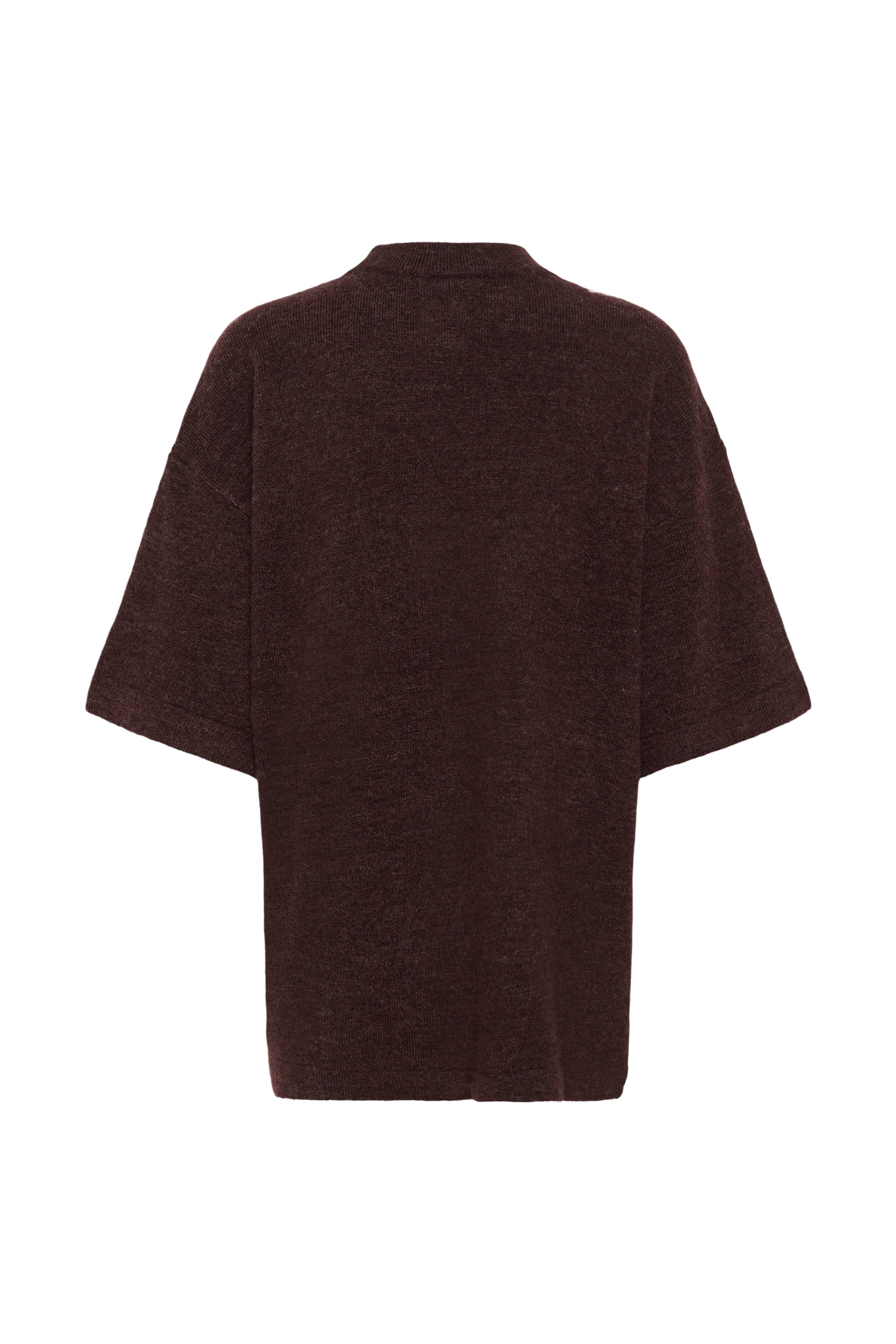 A dark brown textured knit top with wide short sleeves and a crew neck, shown from the back on a plain white background.