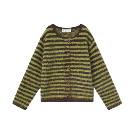 A striped knit cardigan sweater with alternating olive green and dark brown horizontal stripes, featuring a button-up front with brown buttons, laid flat on a light off-white background.