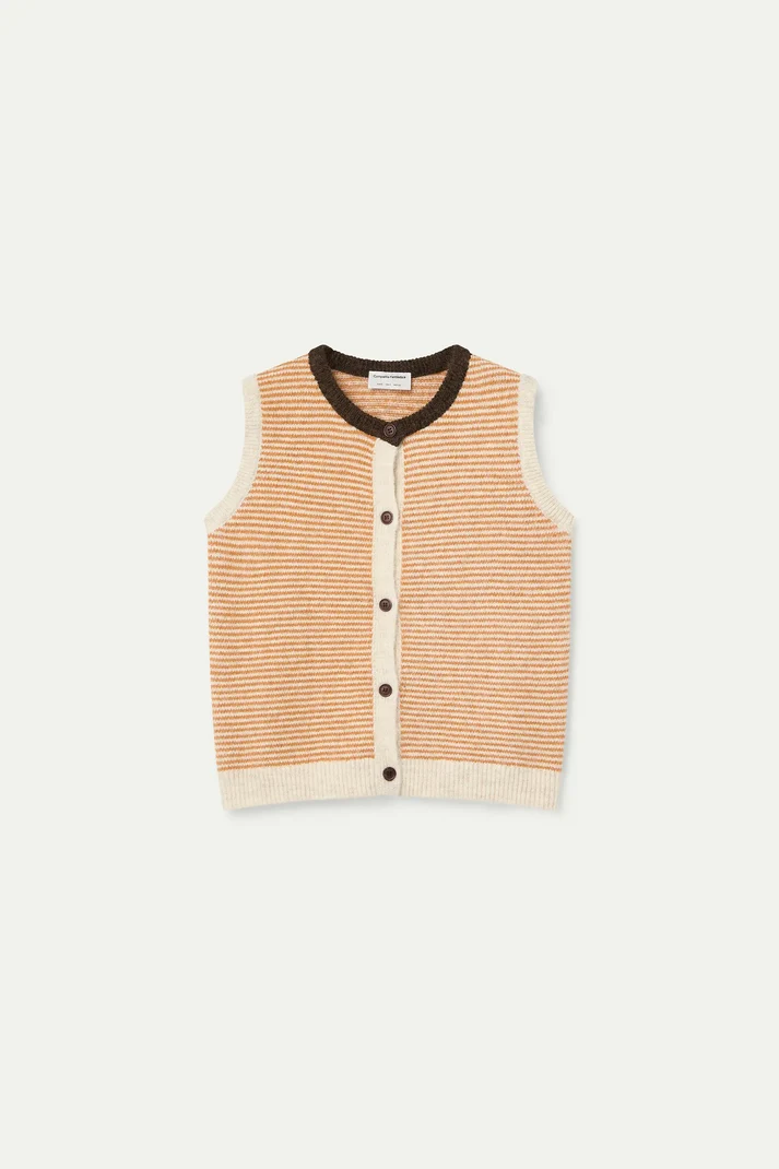 orange and cream stripe knit vest with a brown collar on a light grey background