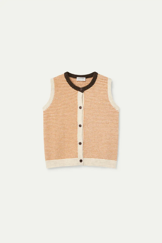 orange and cream stripe knit vest with a brown collar on a light grey background