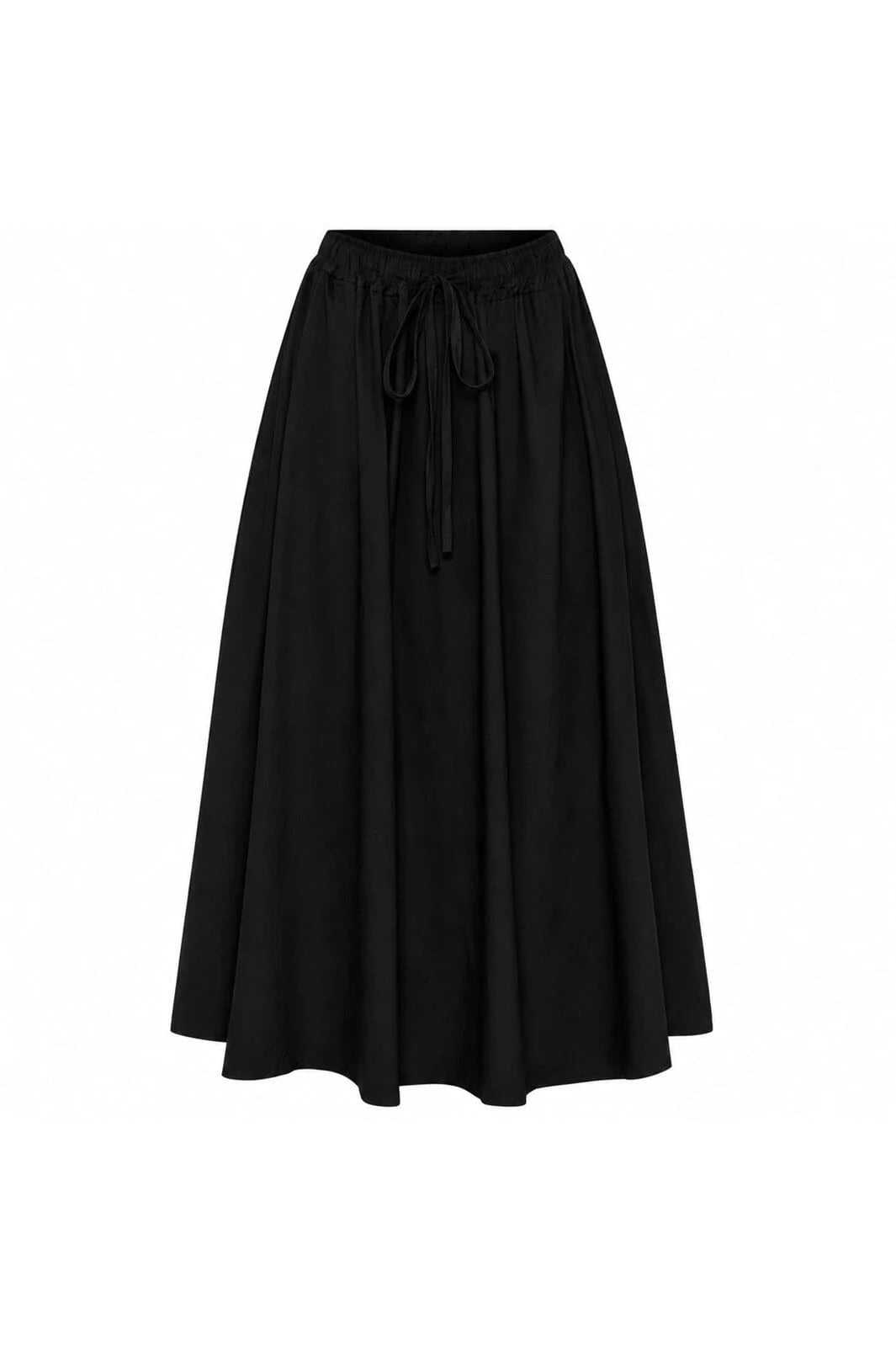 A black midi skirt with a high waistband and a drawstring tie at the front, displayed against a solid white background.