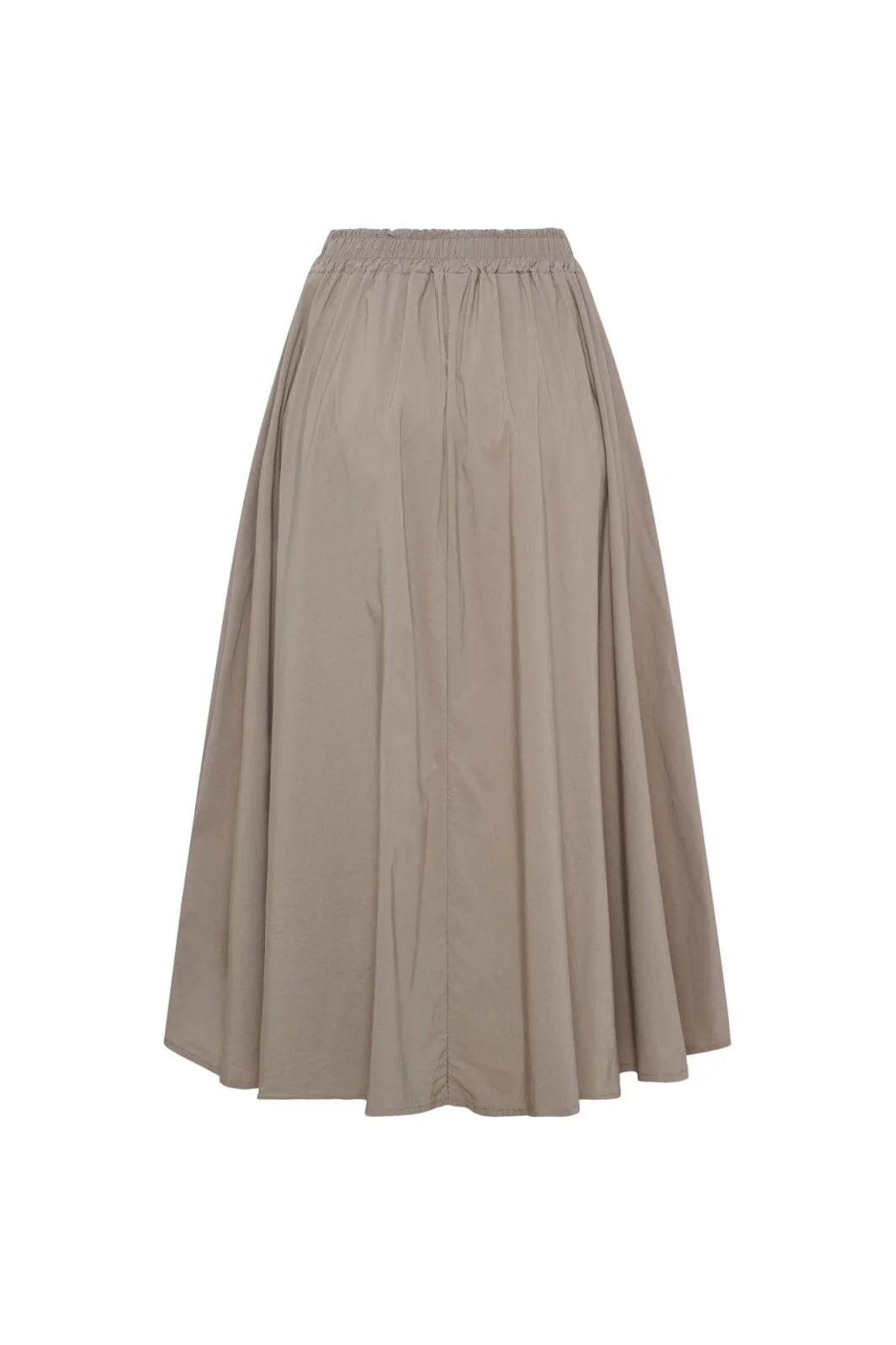 A high-waisted, pleated A-line midi skirt in a light taupe or beige color, shown against a plain white background.