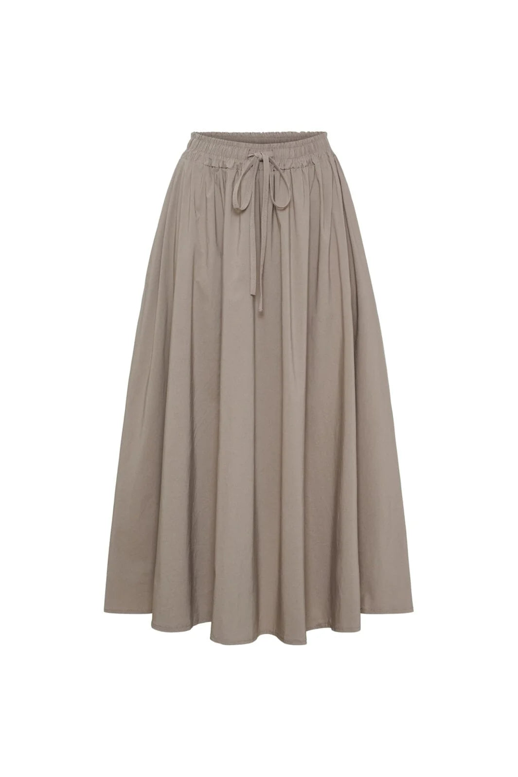 A high-waisted, pleated midi skirt in a light taupe-beige color, featuring an elastic waistband and a matching fabric tie at the front, shown against a plain white background.