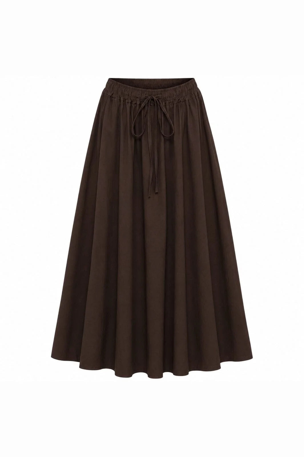 A dark brown pleated midi skirt with an elastic waistband and a drawstring tie at the front, shown against a plain white background.