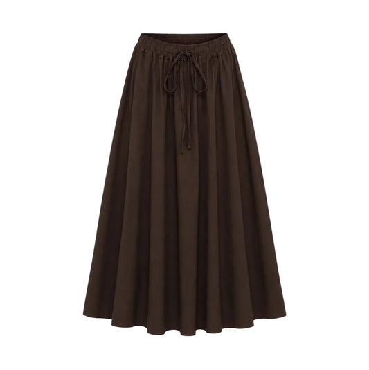 A dark brown pleated midi skirt with an elastic waistband and a drawstring tie at the front, shown against a plain white background.