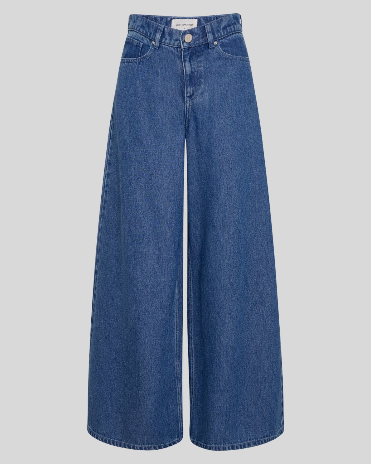 A pair of high-waisted, wide-leg blue denim jeans shown flat against a solid light gray background.