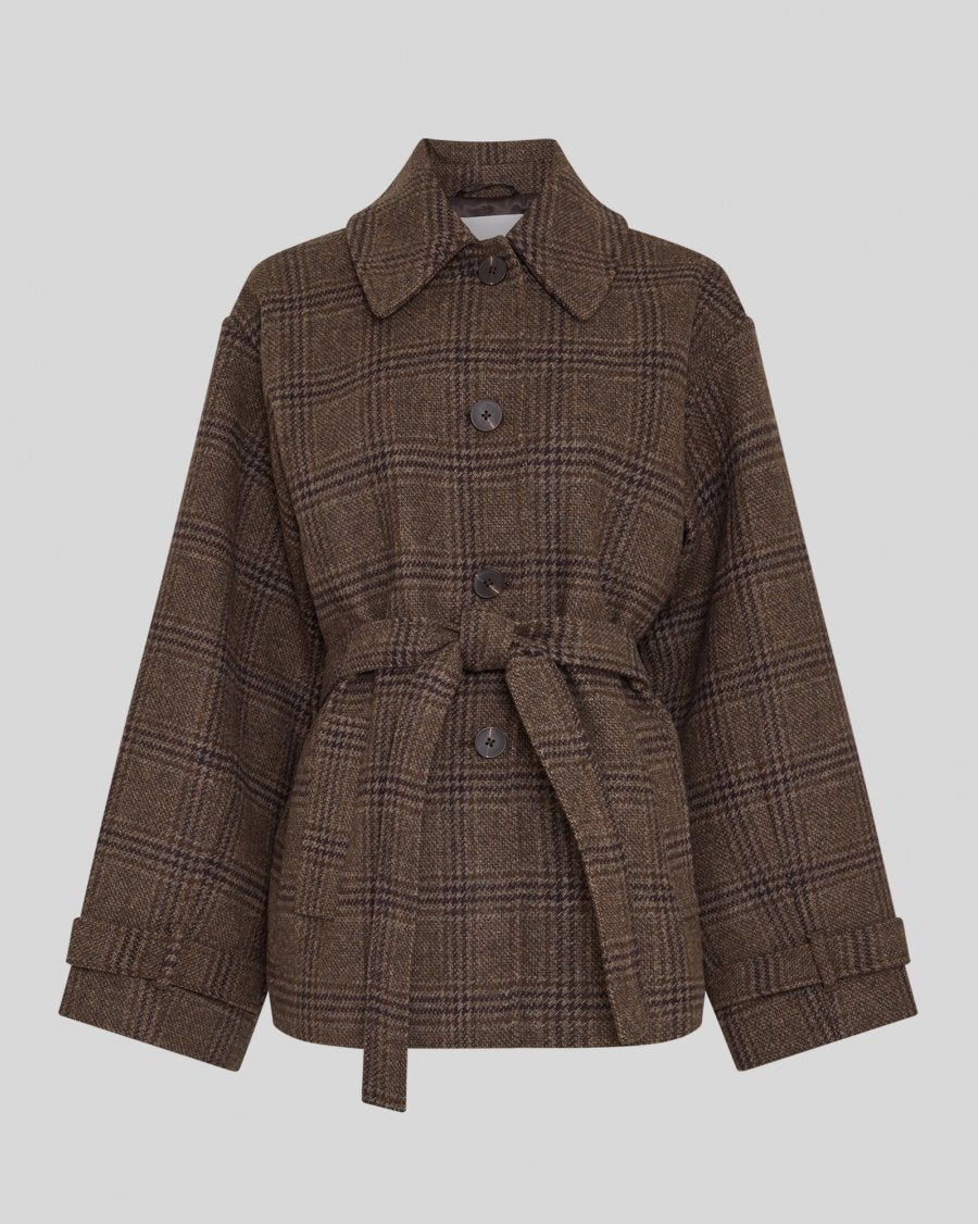 A brown plaid belted coat with a collar and button front, displayed on a neutral gray background.